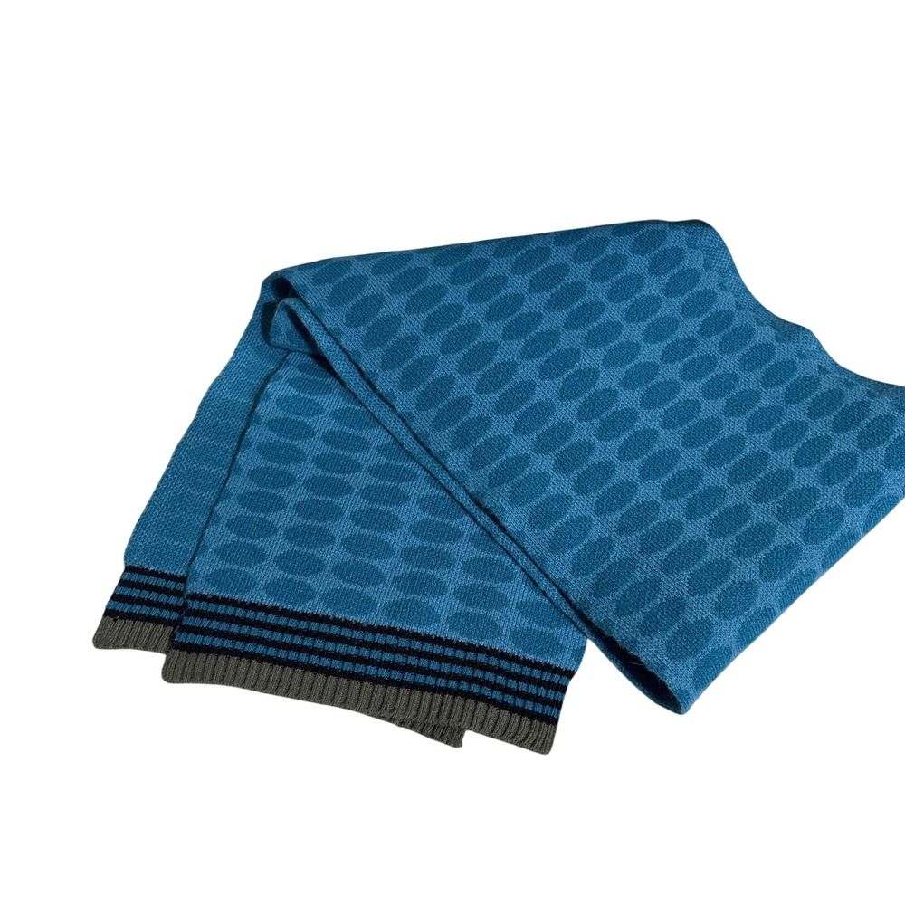 Blue Geometric Oval Pattern Knit Scarf Black Striped Ribbed Trim Long Winter